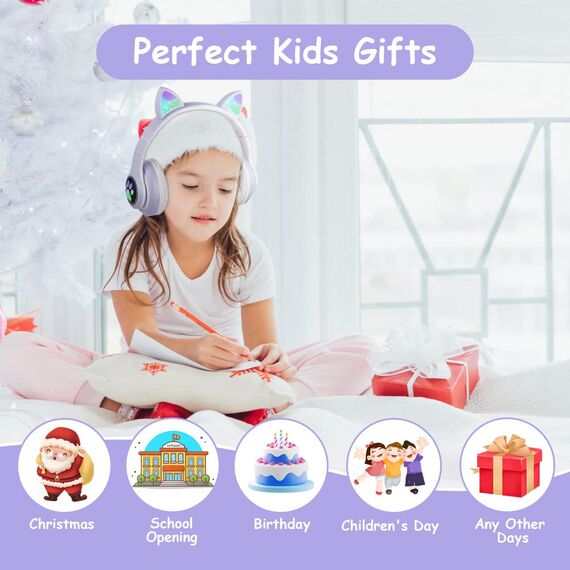 AXFEE Kinderkopfhörer Bluetooth, Katzenohr Over-Ear mit LED-Licht, Faltbar, Stereo, Kabellos mit Mikrofon, Micro SD/TF für Handy/Tablet/PC