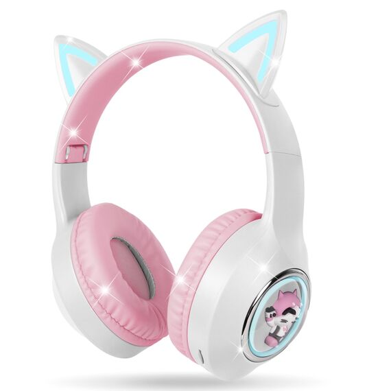 AXFEE Bluetooth-Kopfhörer Mit Katzenohren für Kinder, Bluetooth 5.3 Over-Ear Kopfhörer mit LED-Leuchten, Kabellos/Verkabelt, 99DB, Faltbarer Kinder-Kopfhörer für PC,Handy, Studium, Reisen(Weiß