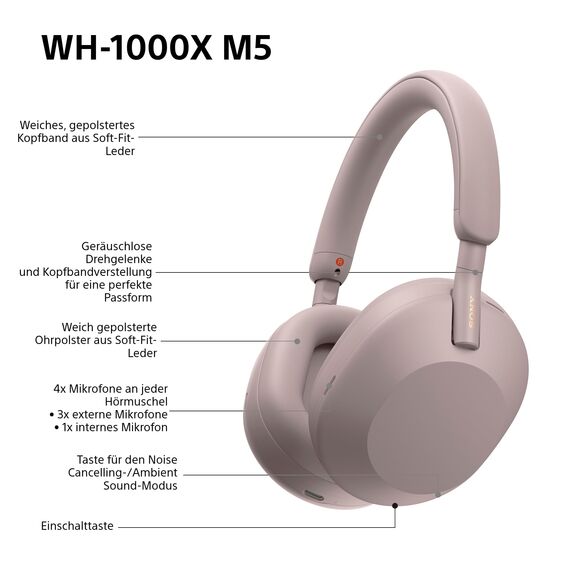 Sony WH-1000XM5 Kabelloser Premium-Kopfhörer mit Noise Cancelling, Bluetooth, kristallklare Anrufqualität, Hi-Res-Audio, bis zu 30 Std Akkulaufzeit, inkl. Hardcase, iOS & Android - Smoky Pink