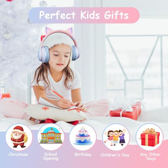 AXFEE Kopfhörer Kinder, Bluetooth-Kopfhörer Mit Katzenohren, Mädchen Katzenohr Over-Ear Mit LED-Licht, Faltbare Stereo Kabellose Kinderkopfhörer mit Mikrofon,Micro SD/TF für PC/Handy/iPad/Tablet-Blau