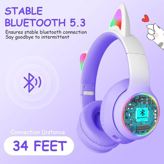 AXFEE Kopfhörer Kinder, 5.3 Bluetooth Kinderkopfhörer Over-Ear mit LED-Leuchten, Bluetooth-Kopfhörer Mit Katzenohren, Stereo Kopfhörer Kabellose, Mädchen Katzenohr Kinderkopfhörer für Handy/Tablet/PC