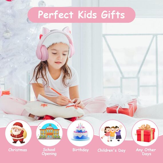 AXFEE Kopfhörer Kinder, Bluetooth-Kopfhörer Mit Katzenohren, Mädchen Katzenohr Over-Ear Mit LED-Licht, Faltbare Stereo Kabellose Kinderkopfhörer, Kinder-Kopfhörer für PC/Handy/iPad/Tablet-Rosa Weiß