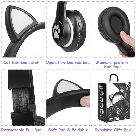 AXFEE Kinderkopfhörer Bluetooth, Mädchen Katzenohr Kopfhörer Over-Ear mit LED-licht Faltbare Stereo Kopfhörer Kabellose, Kopfhörer Kinder mit Mikrofon, Micro SD/TF, für Handy/Tablet/PC