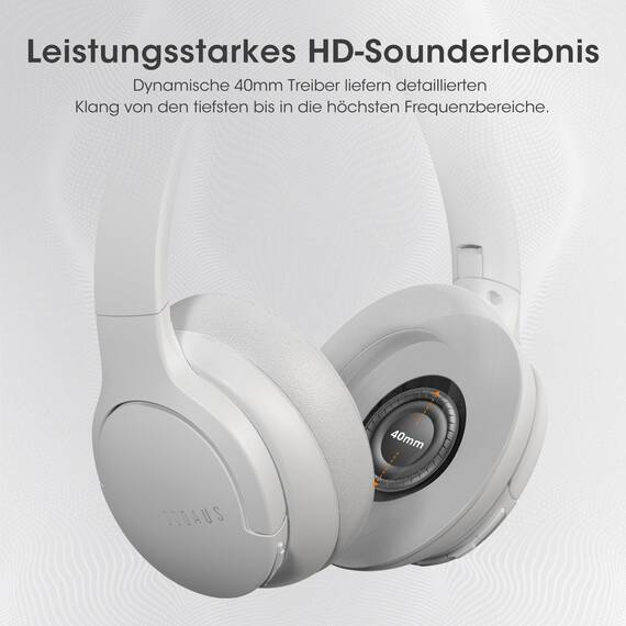 DOQAUS Kopfhörer Kabellos Bluetooth Bis zu 90 Std,Bluetooth Kopfhörer Over-Ear mit 3 EQ-Modi, HiFi Stereo, Eingebautes Mikrofon, Faltbares Wireless Headphones für Handys/iPad/Laptops/PC-Hellgrau