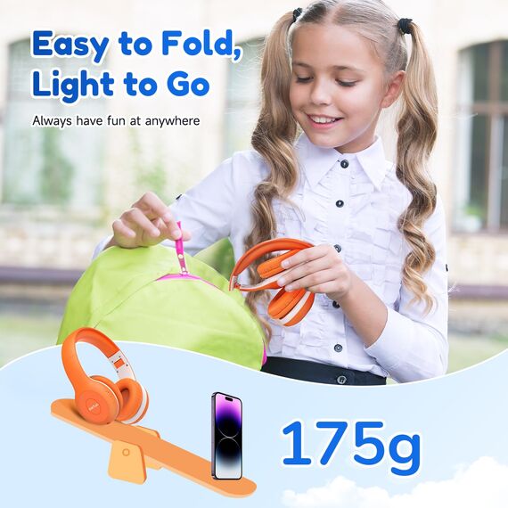EarFun Bluetooth Kopfhörer Kinder, 85/94dB Lautstärkeregelung, HiFi Sound, HD-Mikrofon, 40 Std Akku, Faltbare, Einstellbar, Kopfhörer Kabellos Bluetooth Kinder für Schule/Reise/PC, Orange
