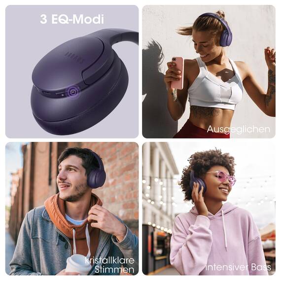 DOQAUS Kopfhörer Kabellos Bluetooth,Bis zu 90 Std Bluetooth Kopfhörer Over-Ear mit 3 EQ-Modi, HiFi Stereo, Eingebautes Mikrofon, Faltbares Wireless Headphones für Handys/iPad/Laptops/PC (Lila)