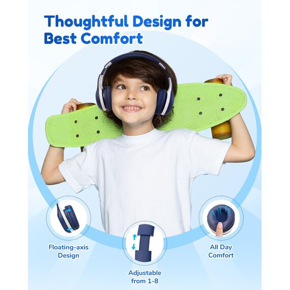 EarFun Bluetooth Kopfhörer Kinder, 85/94dB Lautstärkeregelung, HiFi Sound, HD-Mikrofon, 40 Std Akku, Faltbare, Einstellbar, Kopfhörer Kabellos Bluetooth Kinder für Schule/Reise, Blau