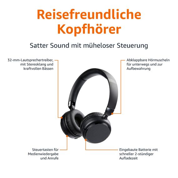 Amazon Basics kabellose Bluetooth 5.1-Over-Ear-Kopfhörer, 35 Stunden Spielzeit, leicht, verstellbar, für Reisen, Büro, Mobiltelefon, PC, schwarz