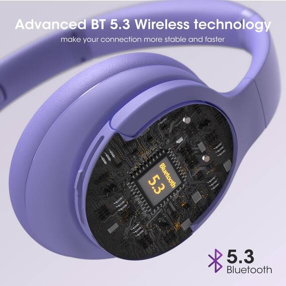DOQAUS Kopfhörer Kabellos Bluetooth Bis zu 90 Std,Bluetooth Kopfhörer Over-Ear mit 3 EQ-Modi, HiFi Stereo, Eingebautes Mikrofon, Faltbares Wireless Headphones für Handys/iPad/Laptops/PC-Violett