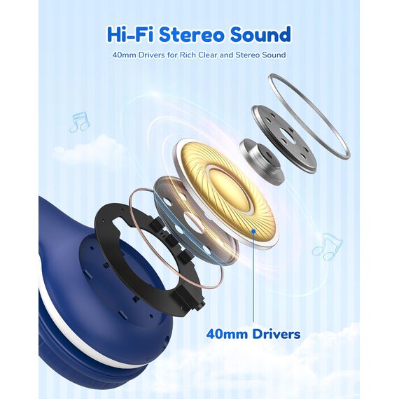 EarFun Bluetooth Kopfhörer Kinder, 85/94dB Lautstärkeregelung, HiFi Sound, HD-Mikrofon, 40 Std Akku, Faltbare, Einstellbar, Kopfhörer Kabellos Bluetooth Kinder für Schule/Reise, Blau