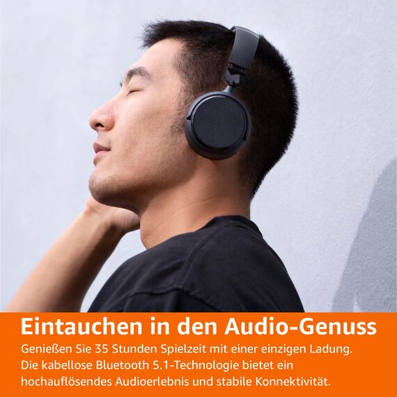 Amazon Basics kabellose Bluetooth 5.1-Over-Ear-Kopfhörer, 35 Stunden Spielzeit, leicht, verstellbar, für Reisen, Büro, Mobiltelefon, PC, schwarz
