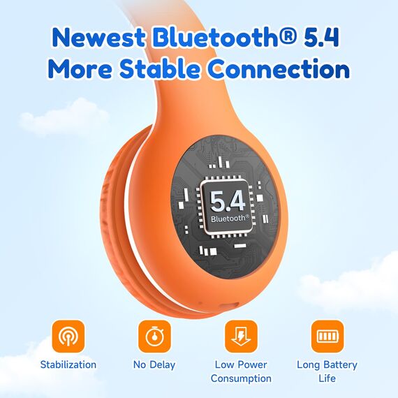 EarFun Bluetooth Kopfhörer Kinder, 85/94dB Lautstärkeregelung, HiFi Sound, HD-Mikrofon, 40 Std Akku, Faltbare, Einstellbar, Kopfhörer Kabellos Bluetooth Kinder für Schule/Reise/PC, Orange