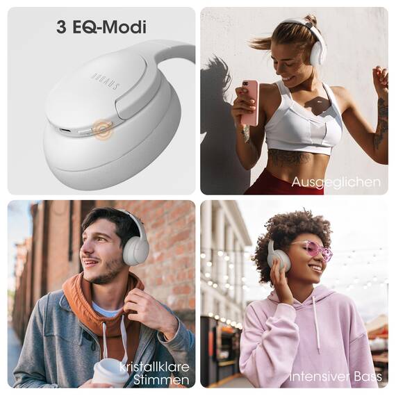DOQAUS Kopfhörer Kabellos Bluetooth Bis zu 90 Std,Bluetooth Kopfhörer Over-Ear mit 3 EQ-Modi, HiFi Stereo, Eingebautes Mikrofon, Faltbares Wireless Headphones für Handys/iPad/Laptops/PC-Hellgrau