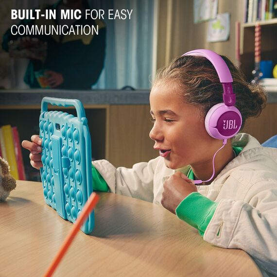JBL Junior 320, On-Ear-Kopfhörer mit Kabel und eingebautem Mikrofon für Kinder, JBL Safe Sound, niedriger Lautstärke, 12 mm Soft Pad und Sticker-Set, tragbares Design, Lila