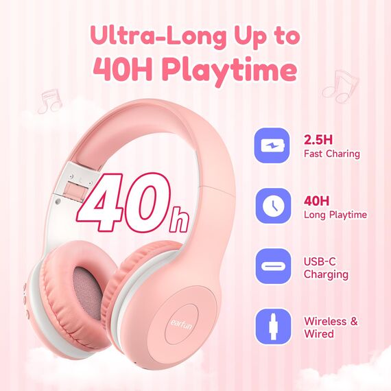 EarFun Bluetooth Kopfhörer Kinder, 85/94dB Lautstärkeregelung, HiFi Sound, HD-Mikrofon, 40 Std Akku, Faltbare, Einstellbar, Kopfhörer Kabellos Bluetooth Kinder für Schule/Reise, Rosa