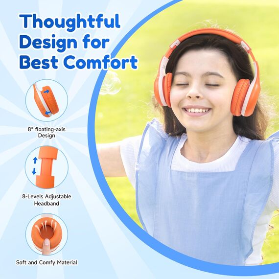 EarFun Bluetooth Kopfhörer Kinder, 85/94dB Lautstärkeregelung, HiFi Sound, HD-Mikrofon, 40 Std Akku, Faltbare, Einstellbar, Kopfhörer Kabellos Bluetooth Kinder für Schule/Reise/PC, Orange