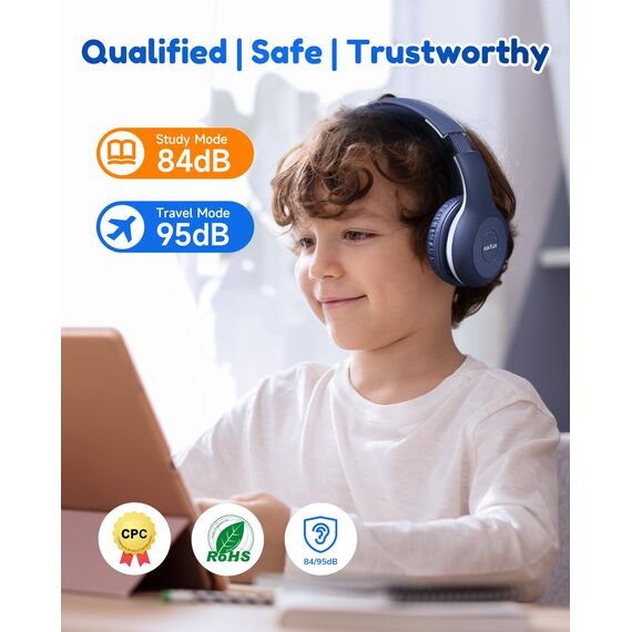 EarFun Bluetooth Kopfhörer Kinder, 85/94dB Lautstärkeregelung, HiFi Sound, HD-Mikrofon, 40 Std Akku, Faltbare, Einstellbar, Kopfhörer Kabellos Bluetooth Kinder für Schule/Reise, Blau