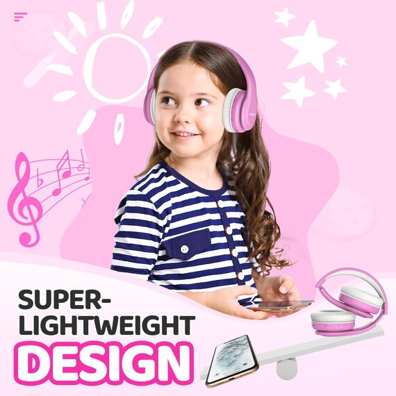 JoySpark Bluetooth Kinder Kopfhörer, Kinderkopfhörer Over-Ear mit 85/94dB Lautstärkebegrenzung, 60 Stunden Spielzeit, Bluetooth 5.3, eingebautes Mikrofon (Rosa)