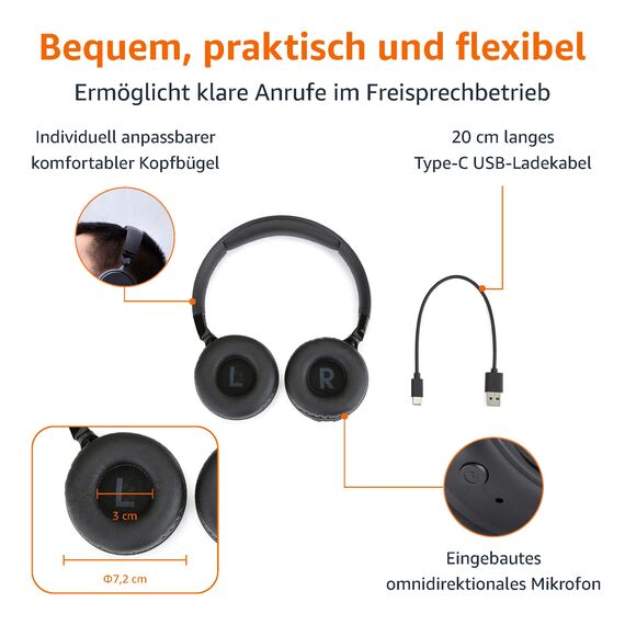 Amazon Basics kabellose Bluetooth 5.1-Over-Ear-Kopfhörer, 35 Stunden Spielzeit, leicht, verstellbar, für Reisen, Büro, Mobiltelefon, PC, schwarz