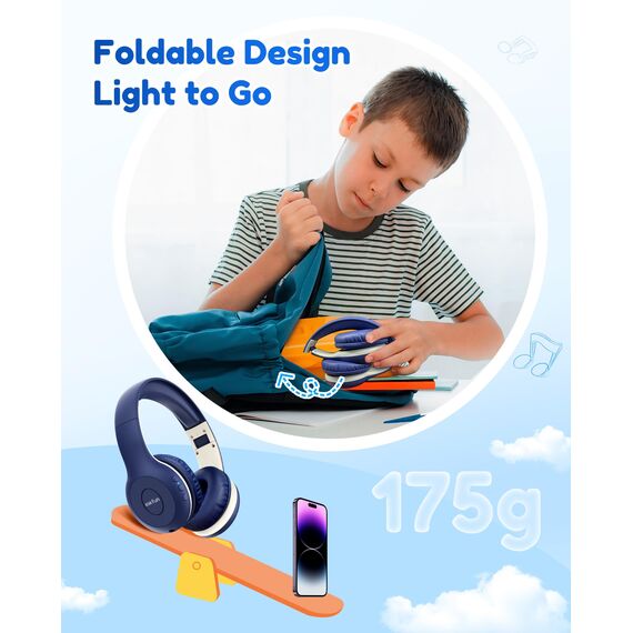 EarFun Bluetooth Kopfhörer Kinder, 85/94dB Lautstärkeregelung, HiFi Sound, HD-Mikrofon, 40 Std Akku, Faltbare, Einstellbar, Kopfhörer Kabellos Bluetooth Kinder für Schule/Reise, Blau