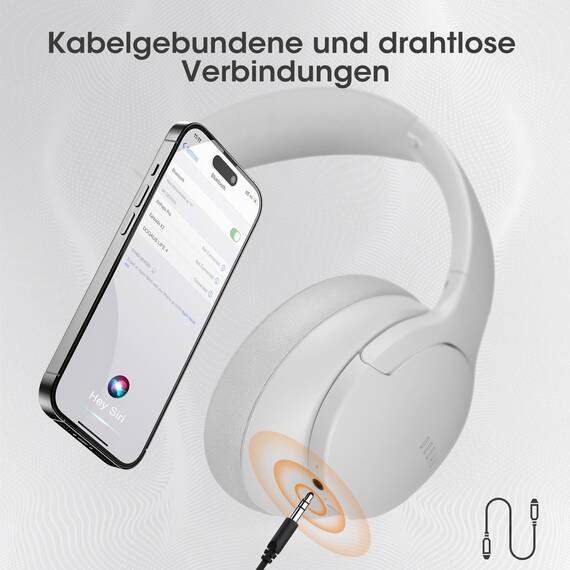 DOQAUS Kopfhörer Kabellos Bluetooth Bis zu 90 Std,Bluetooth Kopfhörer Over-Ear mit 3 EQ-Modi, HiFi Stereo, Eingebautes Mikrofon, Faltbares Wireless Headphones für Handys/iPad/Laptops/PC-Hellgrau