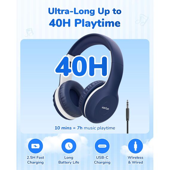 EarFun Bluetooth Kopfhörer Kinder, 85/94dB Lautstärkeregelung, HiFi Sound, HD-Mikrofon, 40 Std Akku, Faltbare, Einstellbar, Kopfhörer Kabellos Bluetooth Kinder für Schule/Reise, Blau
