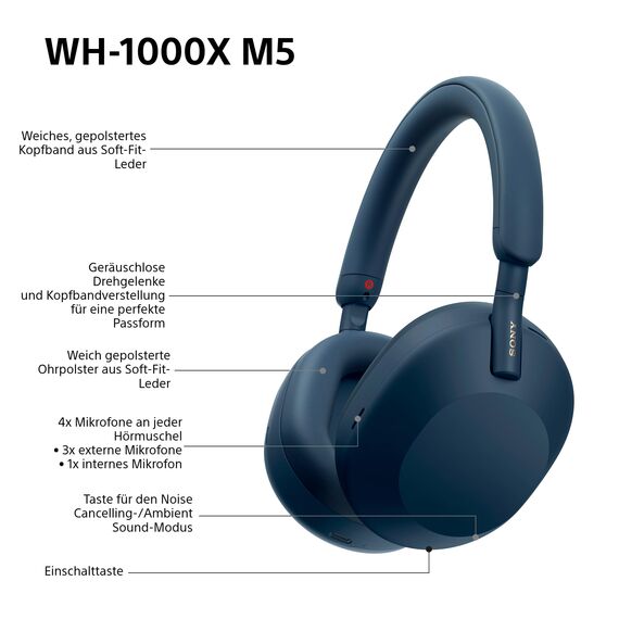 Sony WH-1000XM5 Kabelloser Premium-Kopfhörer mit Noise Cancelling, Bluetooth, kristallklare Anrufqualität, Hi-Res-Audio, bis zu 30 Std Akkulaufzeit , inkl. Hardcase , iOS & Android - Midnight Blue