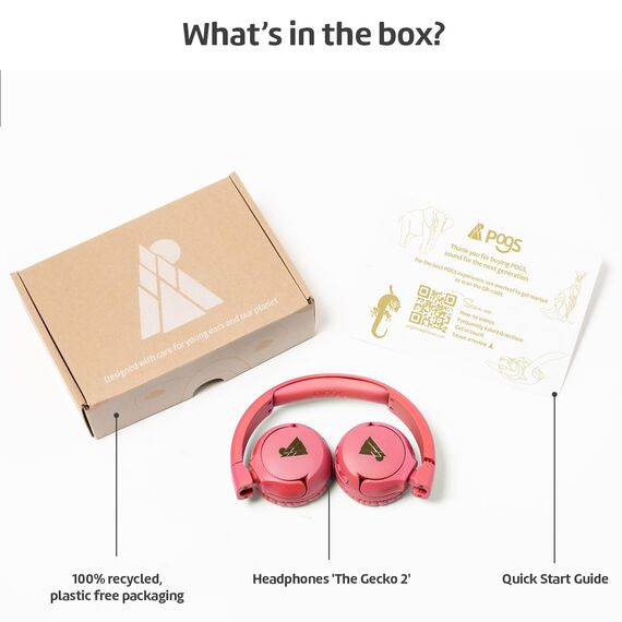 POGS Drahtloser Bluetooth Kinderkopfhörer | The Gecko 2 | Faltbarer robuster Kinderkopfhörer ab 3 Jahren | Lautstärkebegrenzung 85 dB | Mikrofon | On-Ear | Drahtlose Musik-Sharing-Funktion (rRosa)