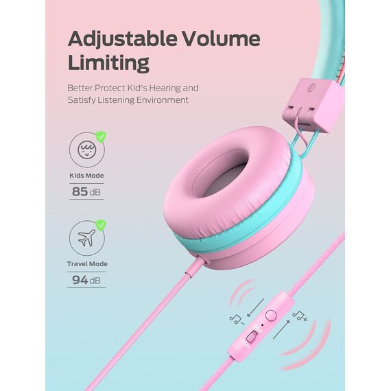 iClever Audiokopfhörer, kabelgebunden, für Kinder, Verstellbarer Kopfbügel, Stereo-Sound, zusammenklappbare Drähte entwirrt, 3,5 mm AUX-Anschluss, 85/94 dB, begrenzte Lautstärke (Rosa)