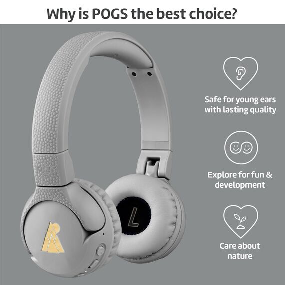 POGS Drahtloser Bluetooth Kinderkopfhörer | The Gecko 2 | Faltbarer robuster Kinderkopfhörer ab 3 Jahren | Lautstärkebegrenzung 85 dB | Mikrofon | On-Ear | Drahtlose Musik-Sharing-Funktion (rGrau)