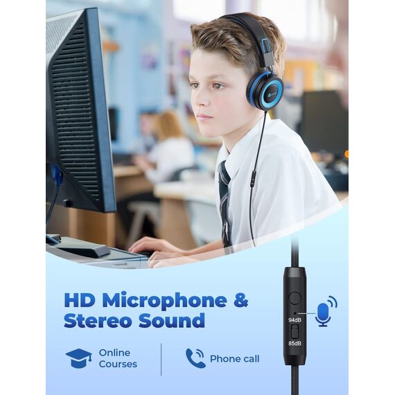 iClever Kinder Kopfhörer, Kabel Kopfhörer für Kinder, Verstellbares Stirnband, Stereo Sound, Faltbare, Entwirrte Drähte, 3,5 mm Aux Jack, 85dB Volume Limited, Kinder Kopfhörer auf Ohr (Blue Black)