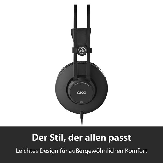 AKG K52 Geschlossener Hochleistungs-Monitoring-Studiokopfhörer, kabelgebunden, leichtes Design, 3,5-mm- und 1/4-Zoll-Adapter, 3 m Kabel - Schwarz
