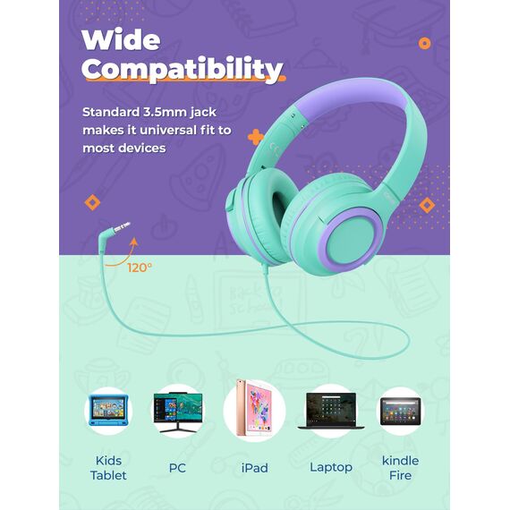 iClever Kinder Kopfhörer mit Sharing Splitter [2 Pack]- 85dBA Safe Volume Limited - HS22 Kopfhörer für Kinder mit Kabel, Tangle-Free 3.5mm Jack Foldable Stereo für Schule/Tablet/Reisen