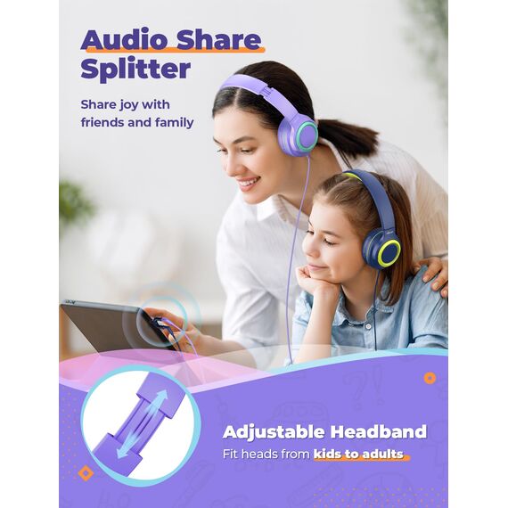 iClever Kinder Kopfhörer [2 Pack], Kabel Kopfhörer für Kinder mit Sharing Splitter-85dBA Safe Volume Limited, Tangle-Free Foldable Stereo für Schule/Tablet/Reisen