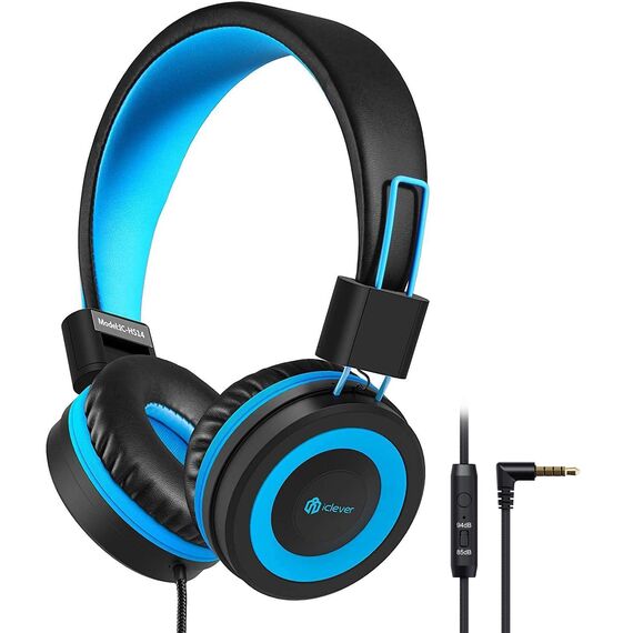 iClever Kinder Kopfhörer, Kabel Kopfhörer für Kinder, Verstellbares Stirnband, Stereo Sound, Faltbare, Entwirrte Drähte, 3,5 mm Aux Jack, 85dB Volume Limited, Kinder Kopfhörer auf Ohr (Blue Black)