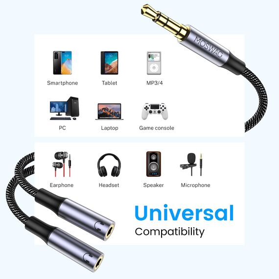 MOSWAG Audio Y Splitter Kabel, Aux Splitter Adapter 1 in 2 out, 3,5mm Stecker auf 2 Buchse Kopfhörer Adapter für Samsung, Smartphone, Kopfhörer, Lautsprecher, PS4, Switch, Tablets, PC
