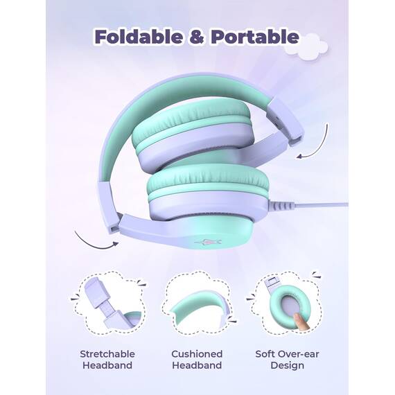 iClever Kinder Kopfhörer, Kinderkopfhörer mit Kabel 85dBA Sichere Lautstärke, HS19S Stereo-Sound Over Ear Kopfhörer für Kinder, Hi-Fi Klang, 3,5 mm kabelgebundene, Faltbare Kopfhörer für iPad/Computer