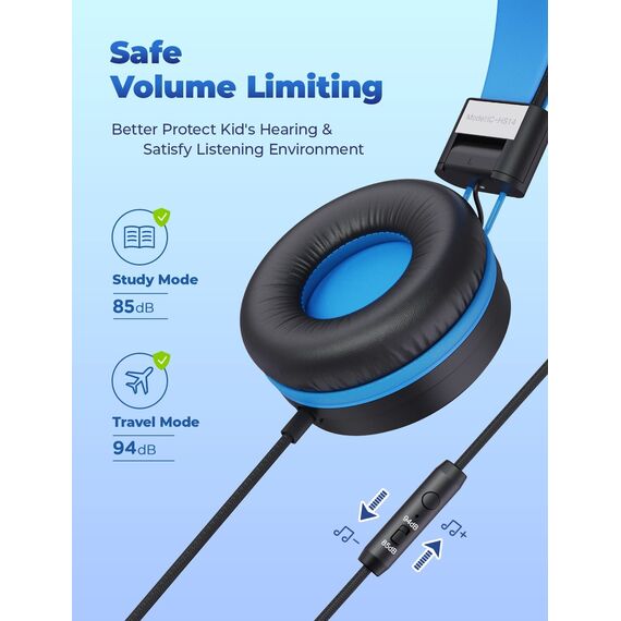 iClever Kinder Kopfhörer, Kabel Kopfhörer für Kinder, Verstellbares Stirnband, Stereo Sound, Faltbare, Entwirrte Drähte, 3,5 mm Aux Jack, 85dB Volume Limited, Kinder Kopfhörer auf Ohr (Blue Black)