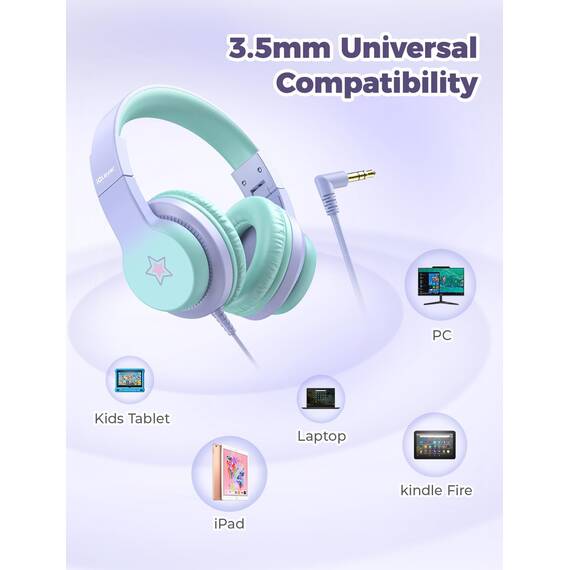 iClever Kinder Kopfhörer, Kinderkopfhörer mit Kabel 85dBA Sichere Lautstärke, HS19S Stereo-Sound Over Ear Kopfhörer für Kinder, Hi-Fi Klang, 3,5 mm kabelgebundene, Faltbare Kopfhörer für iPad/Computer