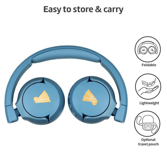 POGS Drahtloser Bluetooth Kinderkopfhörer | The Gecko 2 | Faltbarer robuster Kinderkopfhörer ab 3 Jahren | Lautstärkebegrenzung 70-85 dB | Mikrofon | On-Ear | Drahtlose Musik-Sharing-Funktion (rBlau)