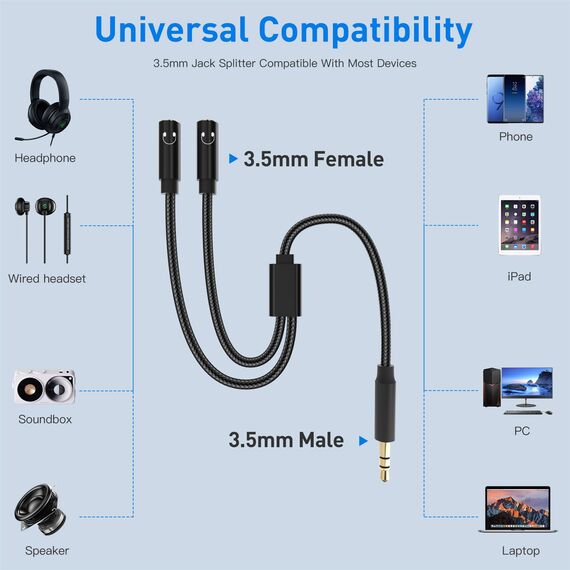 lalasis Audio Splitter Klinke Y Aux Adapter, 3.5mm Stecker auf Buchse Headset Stereo Aux Splitter Kabel kopfhörer doppelstecker für Laptop,Tablet,Smartphone,Samsung,Lautsprecher,PC,Live usw Schwarz