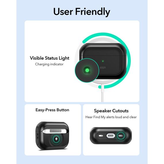 ESR für Airpods Pro 2 Hülle (2023/2022/2019), kompatibel mit AirPods Pro 2./1. Generation, MagSafe Ready, Magnetischer Deckel, USB-C/Lightning Kabel, Hybrid Sturzschutz, Schwarz