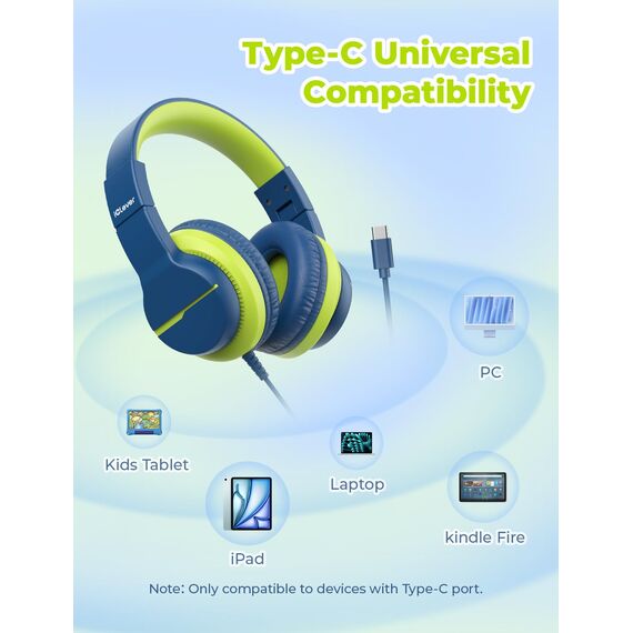 iClever Kopfhörer Kinder USB C, Over-Ear für Jungen und Mädchen, sichere Lautstärke 85 dBA, Hi-Fi Klang, Faltbare kabelgebundene Kinder-Kopfhörer für iPad, HS19S