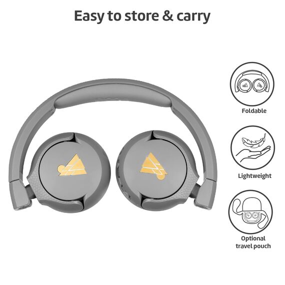 POGS Drahtloser Bluetooth Kinderkopfhörer | The Gecko 2 | Faltbarer robuster Kinderkopfhörer ab 3 Jahren | Lautstärkebegrenzung 85 dB | Mikrofon | On-Ear | Drahtlose Musik-Sharing-Funktion (rGrau)