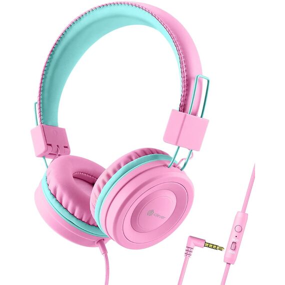 iClever Audiokopfhörer, kabelgebunden, für Kinder, Verstellbarer Kopfbügel, Stereo-Sound, zusammenklappbare Drähte entwirrt, 3,5 mm AUX-Anschluss, 85/94 dB, begrenzte Lautstärke (Rosa)