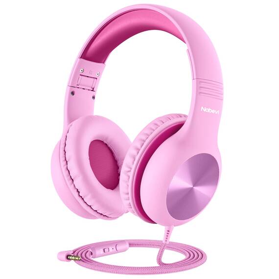 Nabevi Kinder Kopfhörer, Kopfhörer Kinder mit Kabel, 85/94dB Lautstärkegrenze, HD-Ton, Sharing-Funktion, Over-Ear Verstellbare Faltbare Kinderkopfhörer mit Mikrofon für Schule/Reise/PC/iPad, Rosa