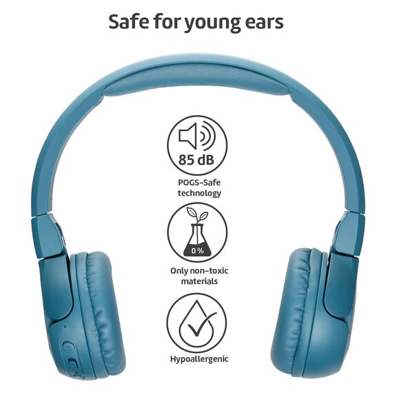 POGS Drahtloser Bluetooth Kinderkopfhörer | The Gecko 2 | Faltbarer robuster Kinderkopfhörer ab 3 Jahren | Lautstärkebegrenzung 70-85 dB | Mikrofon | On-Ear | Drahtlose Musik-Sharing-Funktion (rBlau)