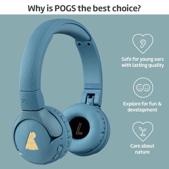 POGS Drahtloser Bluetooth Kinderkopfhörer | The Gecko 2 | Faltbarer robuster Kinderkopfhörer ab 3 Jahren | Lautstärkebegrenzung 70-85 dB | Mikrofon | On-Ear | Drahtlose Musik-Sharing-Funktion (rBlau)