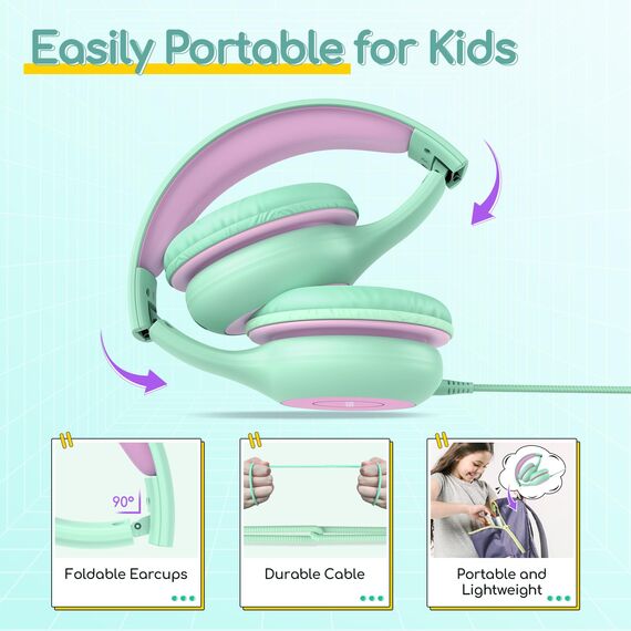 EarFun Kinder Kopfhörer, Kopfhörer Kinder mit Kabel, 85/94dB Lautstärkenbegrenzer, faltbar, verstellbar, Stereo Sound, HD-Mikrofon, Audio-Sharing, Over-Ear Kinderkopfhörer für Schule/Tablet/Reisen