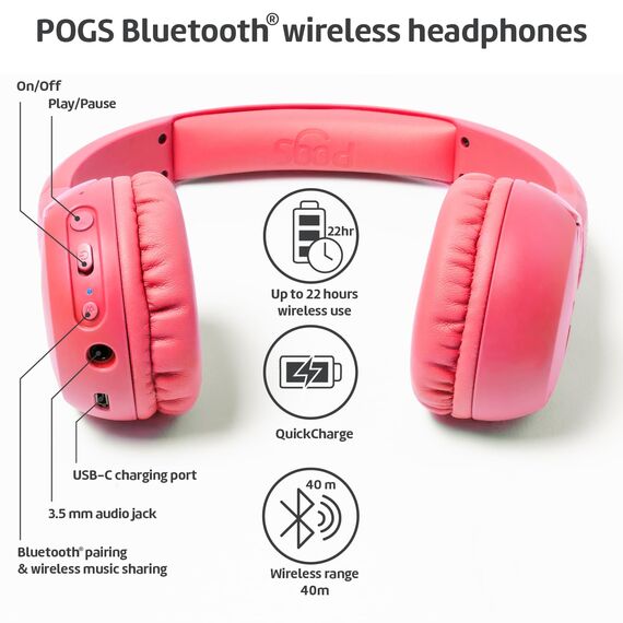 POGS Drahtloser Bluetooth Kinderkopfhörer | The Gecko 2 | Faltbarer robuster Kinderkopfhörer ab 3 Jahren | Lautstärkebegrenzung 85 dB | Mikrofon | On-Ear | Drahtlose Musik-Sharing-Funktion (rRosa)